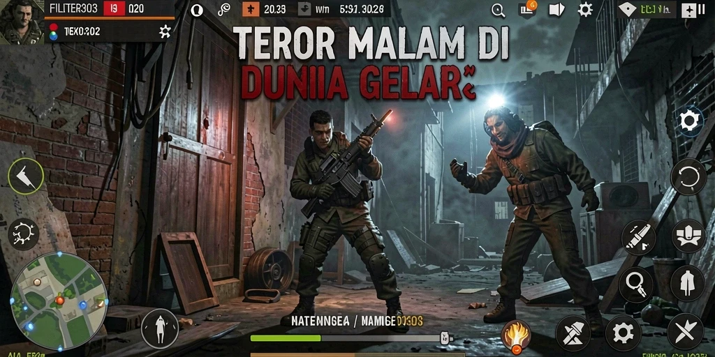 Screenshot permainan FILTER303 menampilkan suasana mencekam dan karakter yang terjebak dalam kegelapan.