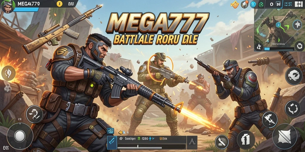 Tangkapan layar MEGA777 menunjukkan aksi pertarungan intens dalam permainan Battle Royale.