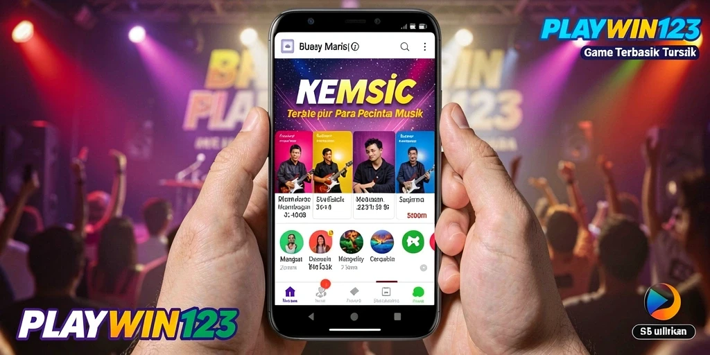 Tangkapan layar gameplay <strong>PLAYWIN123</strong> menampilkan pemain mengikuti irama musik dengan alat musik virtual.