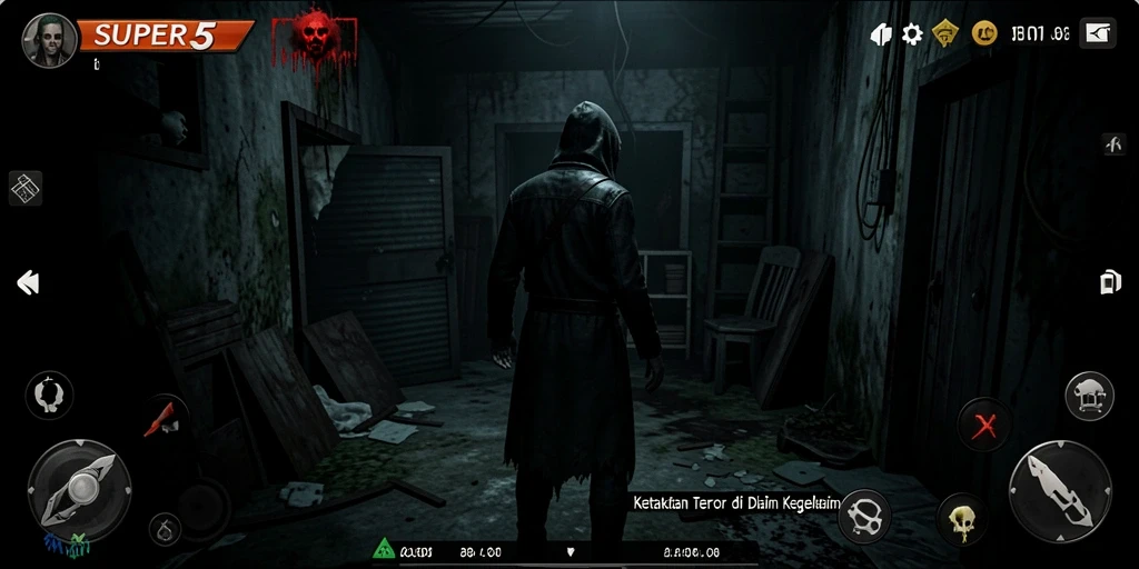 Screenshot SUPER5 menampilkan gameplay mencekam dengan makhluk menyeramkan.