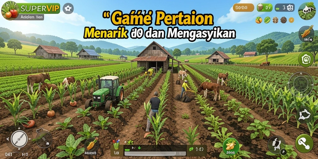 Screenshot gameplay SUPERVIP menampilkan aktivitas pertanian yang seru dan interaktif.