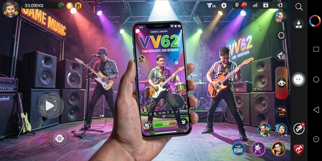 Screenshot VV62 menampilkan gameplay musik yang mengasyikkan dengan tampilan yang cerah.